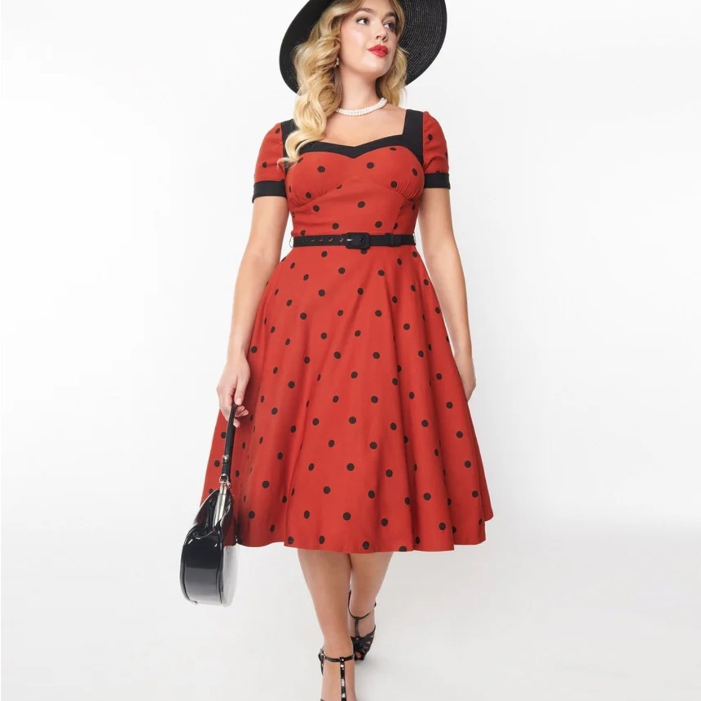 Unique Vintage Rust and Black Polka Dot Midi Dress